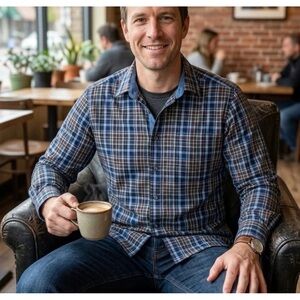 Joseph Abboud Plaid Cotton Button-Up Shirt Blue Brown Gray Long Sleeve Men's M